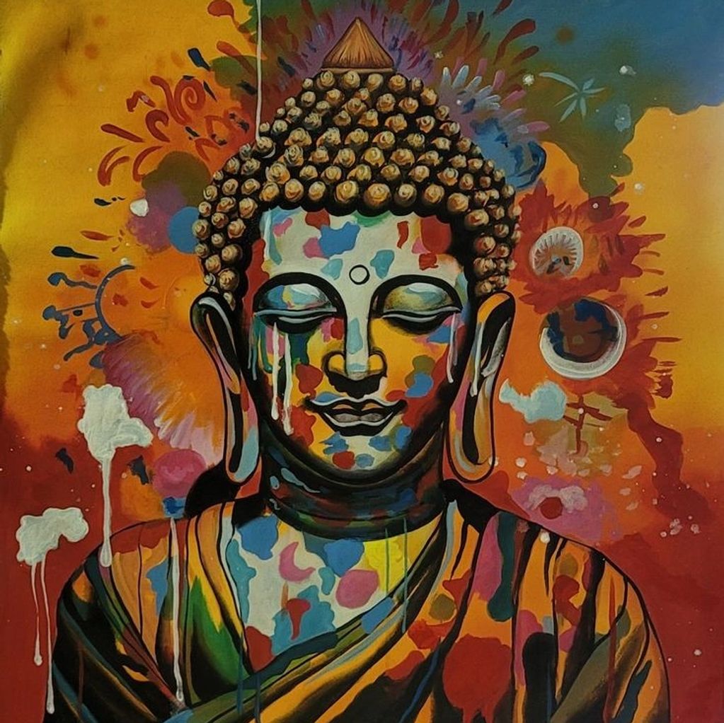 Colorful artistic painting of Buddha with abstract background.