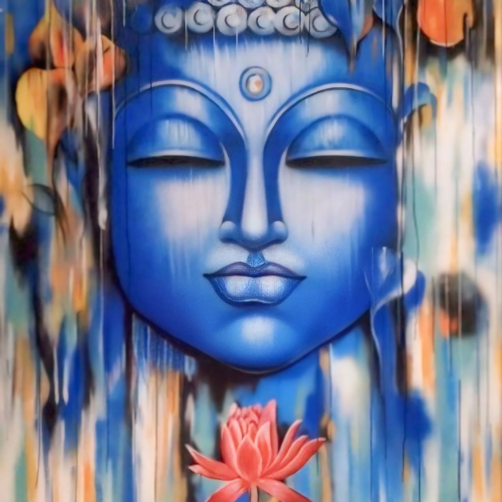 Blue Buddha face with closed eyes and a red lotus flower below.