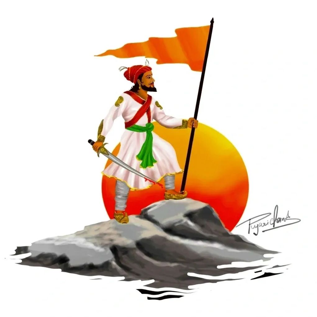 A warrior stands on a rock holding a flag with a setting sun behind him.