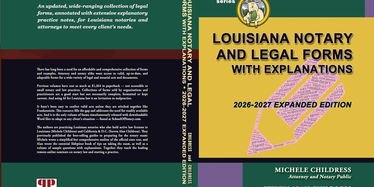 Cover of Louisiana Notary and Legal Forms book with detailed explanations for 2026-2027.