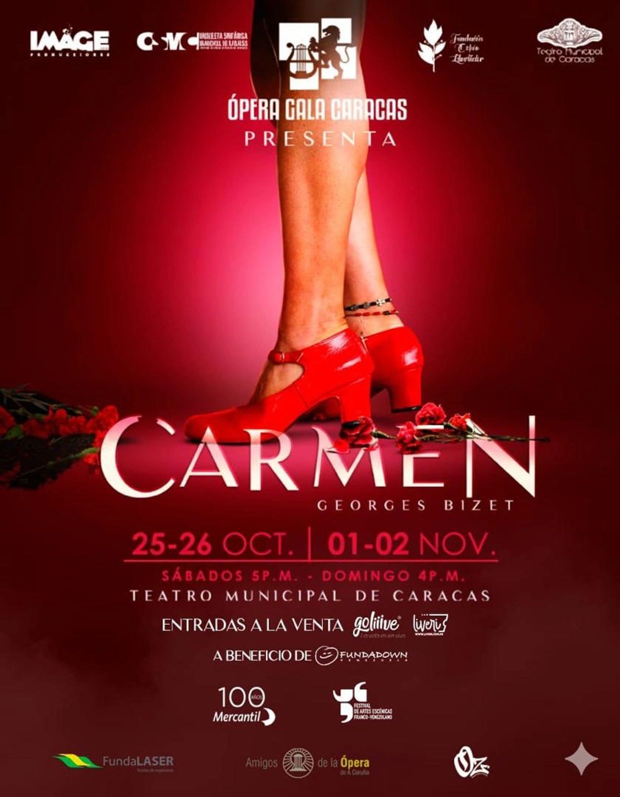 Poster for Carmen opera featuring red shoes and roses on a red background.