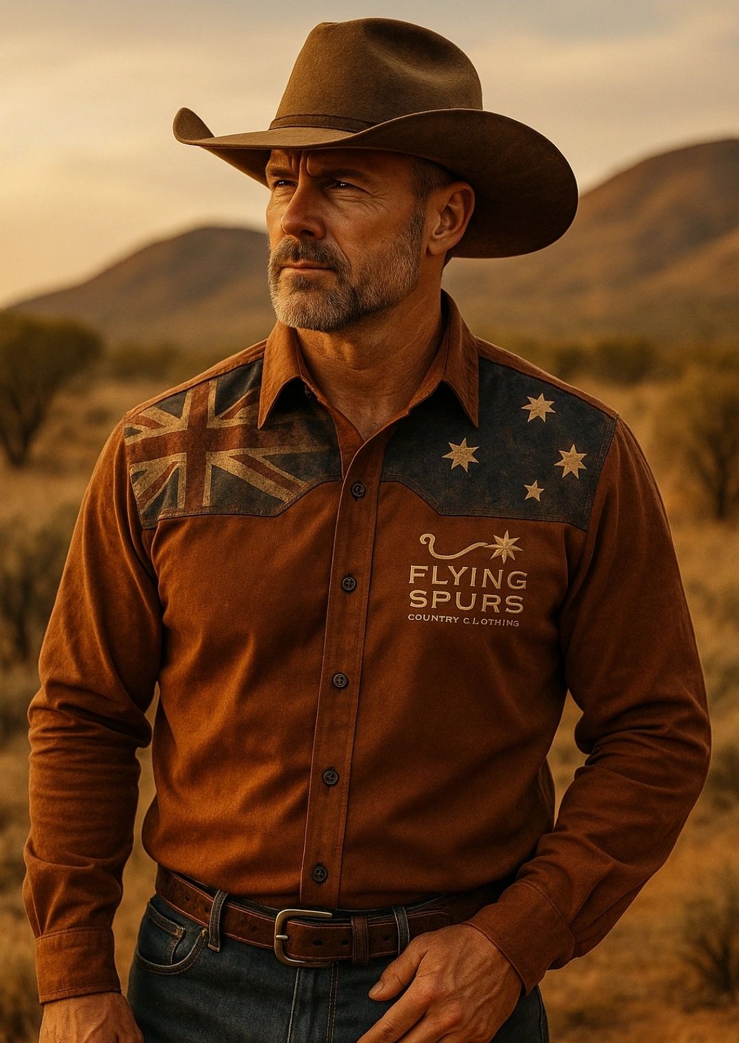 Flying spurs country clothing-Australian flag long sleeve shirt, authentic Australian country.