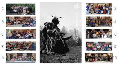 Collage of group photos and one central image of a person in traditional attire.