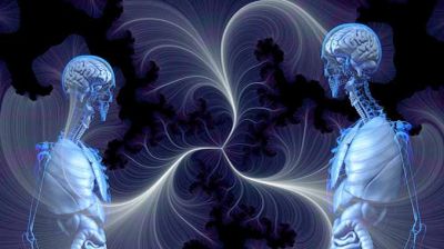 Two translucent skeletons with brains facing each other, surrounded by abstract swirling patterns.