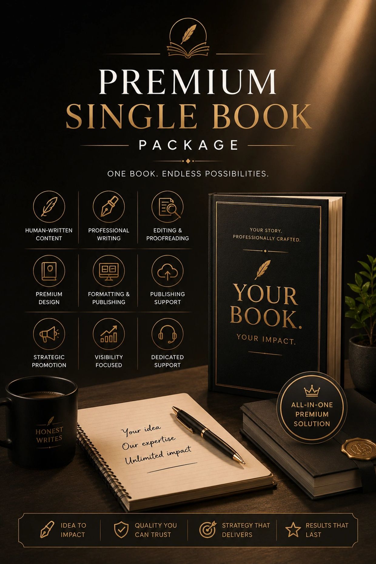 Elegant Premium Single Book Package offering professional writing and publishing services.