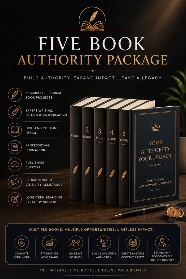 Promotional image for a five-book authority package offering comprehensive book creation and branding services.