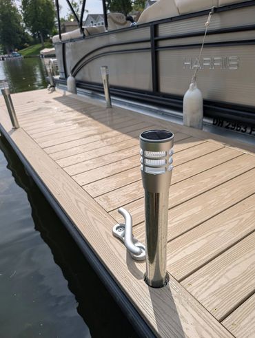 Close-up view of custom WearDeck dock on Lake Cable in Canton, Ohio.