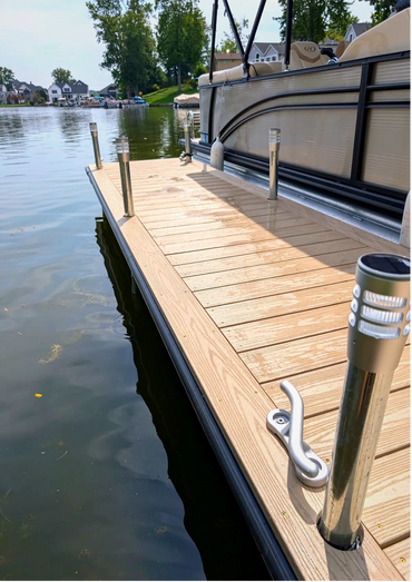 Custom WearDeck dock with maintenance-free decking installed on Lake Cable in Canton, Ohio.