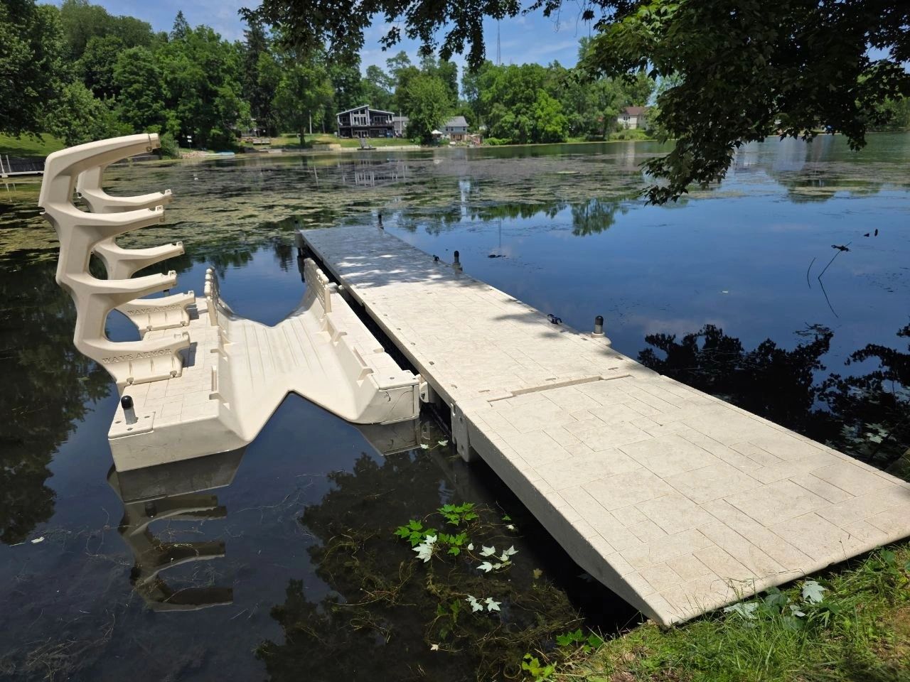 Low Maintenance Wave Armor Floating Dock with Kayak Launch on Portage Lakes in Ohio