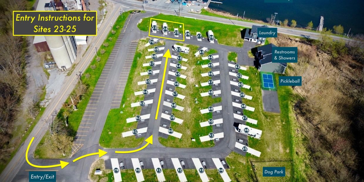 Aerial view of a campground with site instructions for sites 23-25.