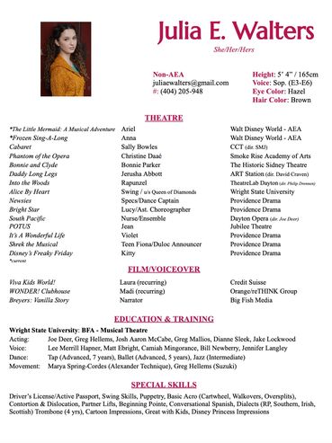 A professional resume for Julia E. Walters detailing her theater, film, education, and special skills.