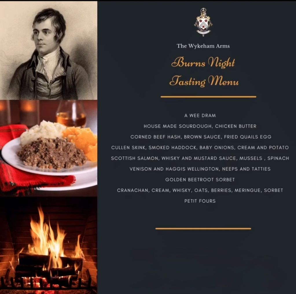 Burns Night Tasting Menu with traditional Scottish dishes and whisky.