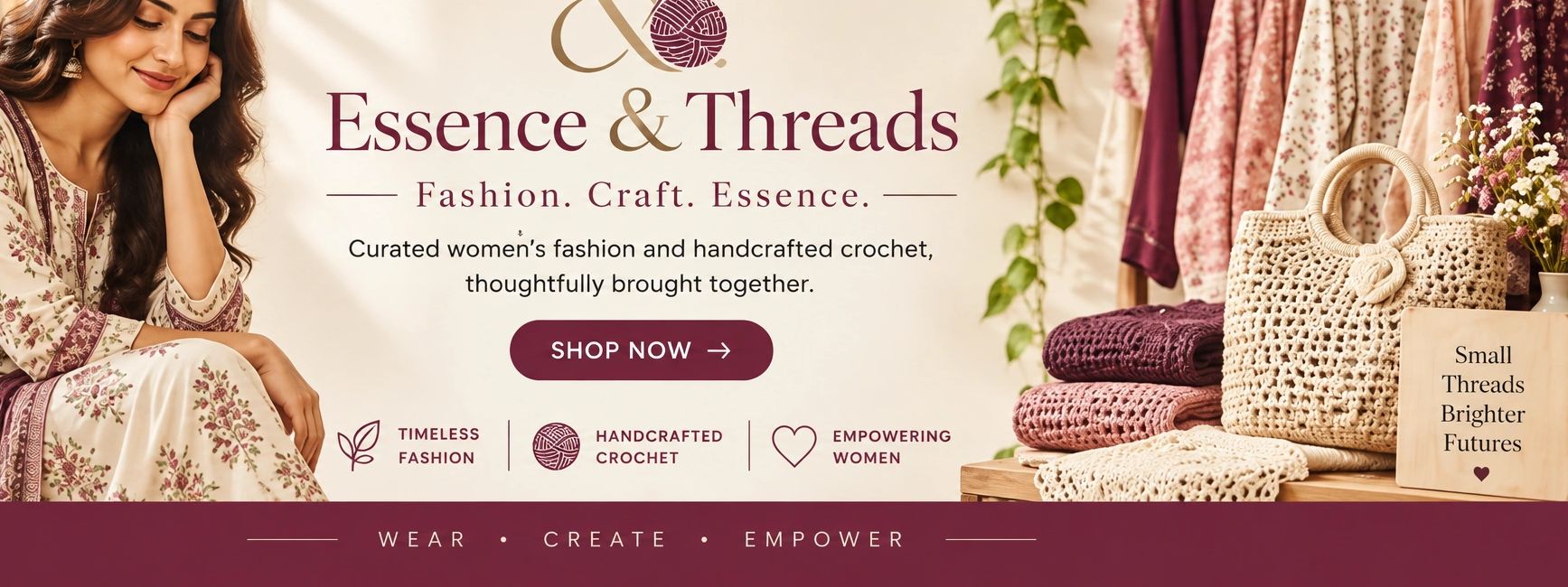 Essence & Threads women's fashion and handcrafted crochet collection, supporting women artisans.