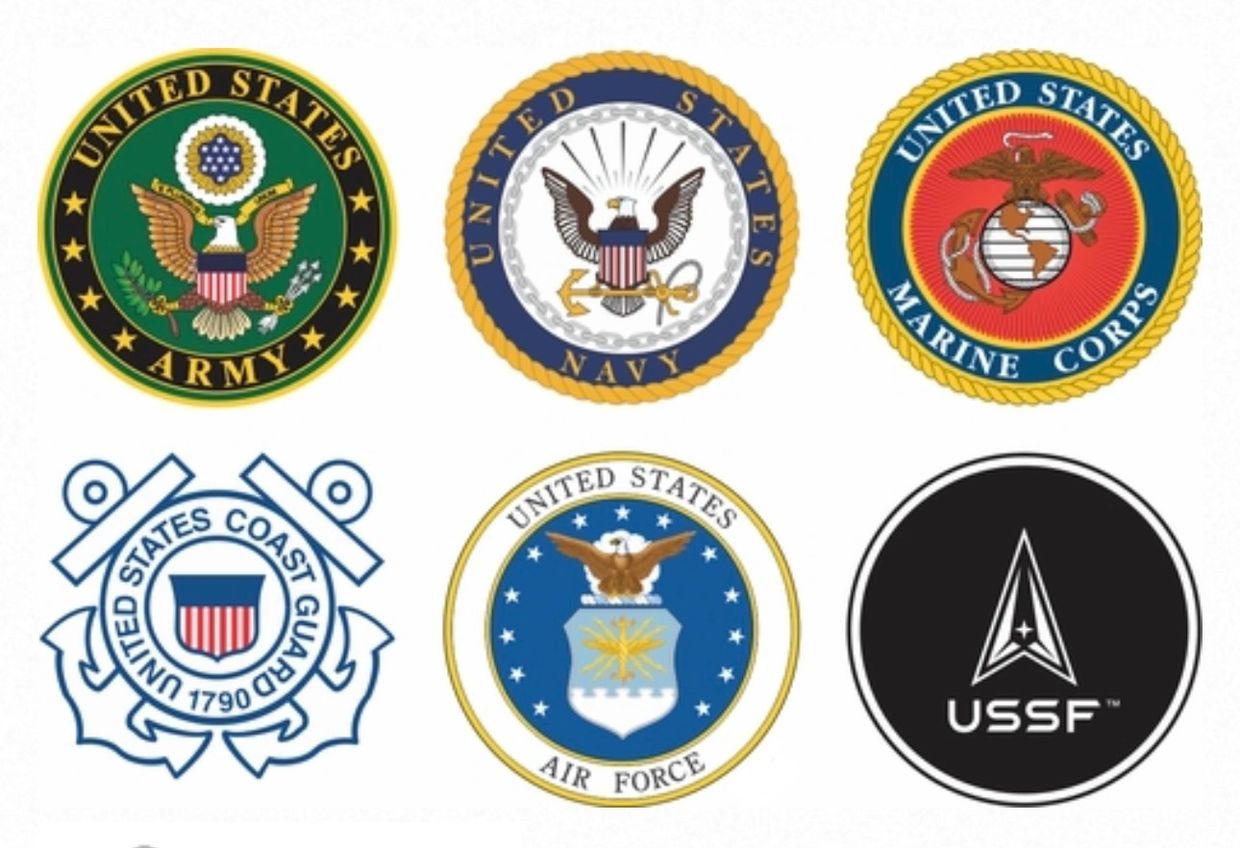 Logo for US, United States, Forces, Military, Army, Navy, Marines, Coast Guard, Air Force, Space For