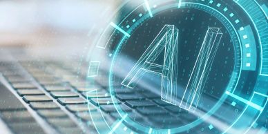 Digital AI hologram above a laptop keyboard.
