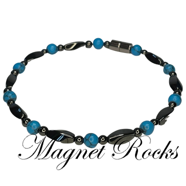 Blue Turquoise Hematite Magnetic Anklet features Blue Turquoise and Magnetic Jewelry Clasp.