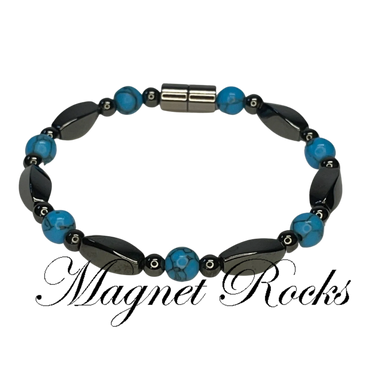 Blue Turquoise Hematite Magnetic Bracelet with Blue Turquoise Gemstones and Magnetic Jewelry Clasp.