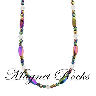 Crystal Rainbow Necklace features Rainbow Hematite, Crystal by Swarovski® & Magnetic Jewelry Clasps.