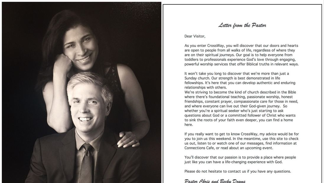 Portrait of a smiling couple with a welcoming pastor's letter beside them.