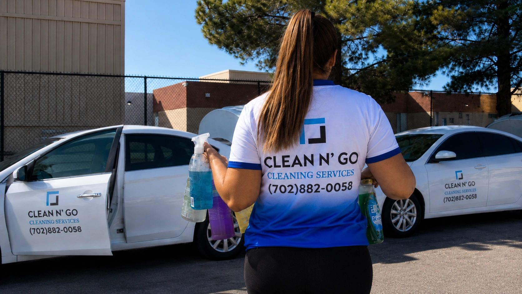 Clean N' Go team member holding cleaning supplies by a branded vehicle in Las Vegas, NV