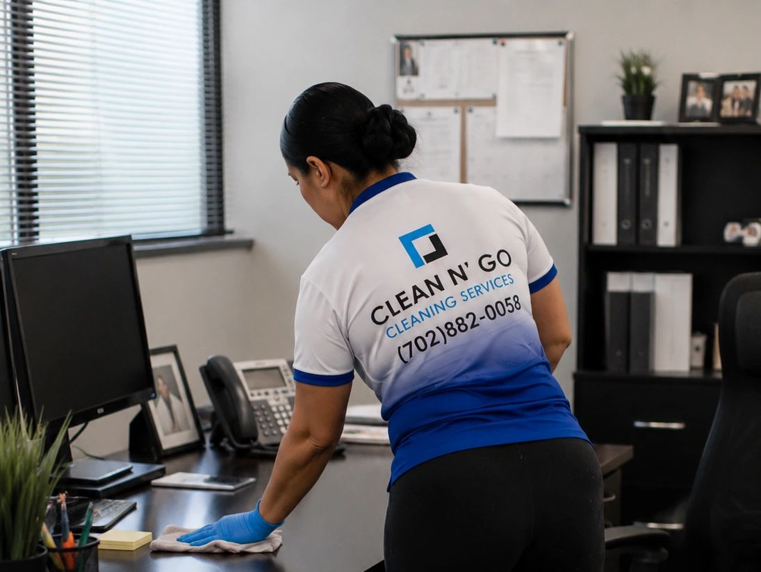 Person cleaning an office desk wearing Clean N' Go uniform.