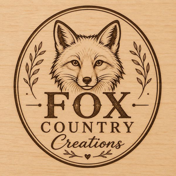 Wood-burned logo of a fox with the text 'Fox Country Creations'.