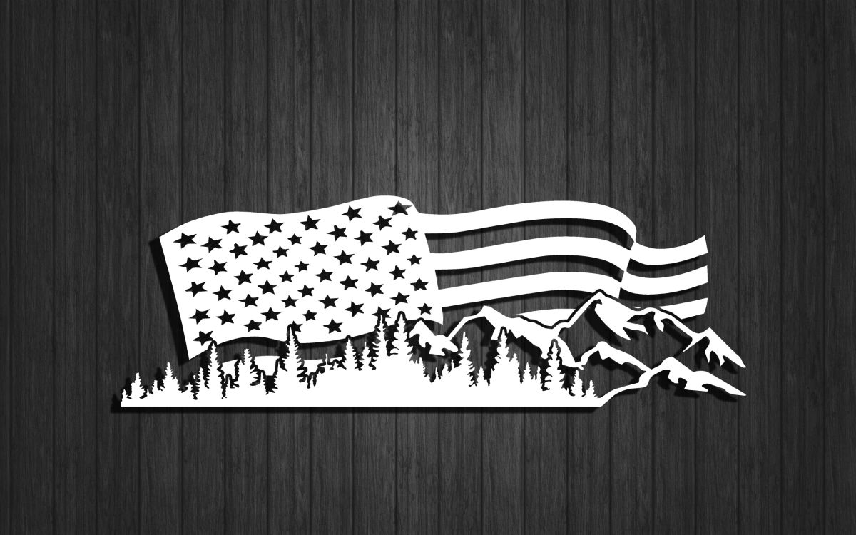 Large American Flag and Mountains Treeline graphic