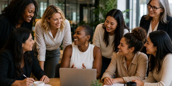 A diverse group of women happily collaborating around a laptop in an office.