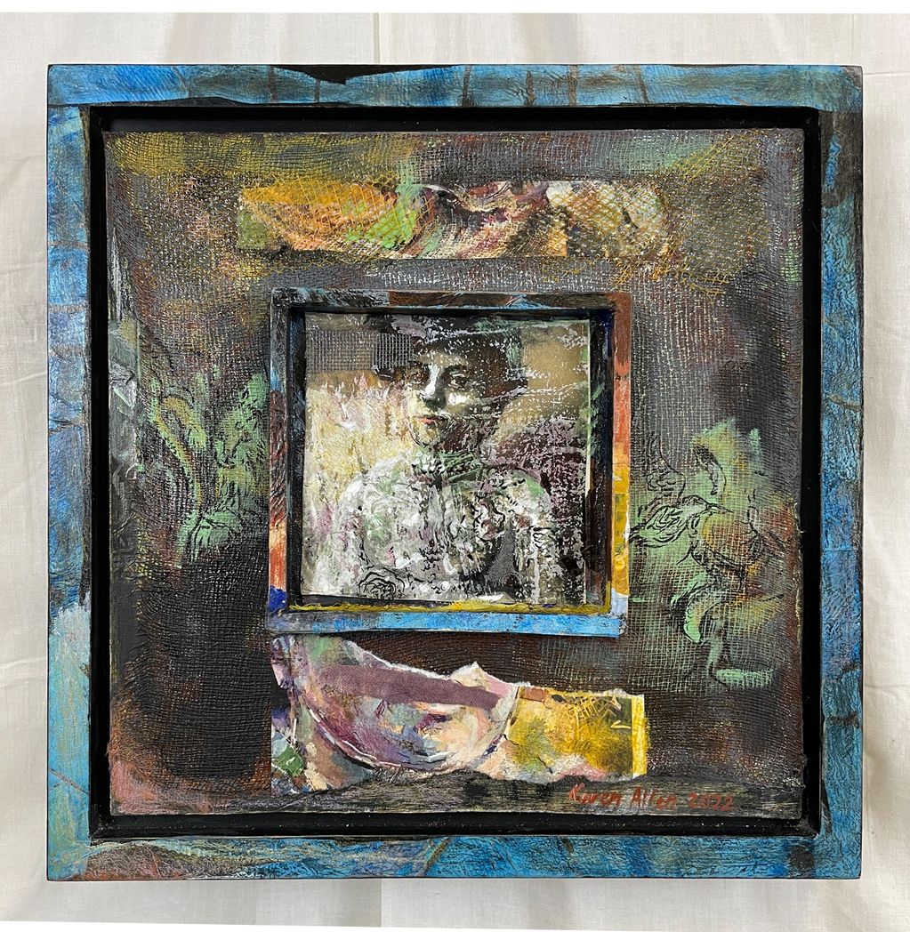 'Someone Whose Face I used to Know'
2023 Acrylic, fabric, collage on repurposed wood lid 12 in x 12 