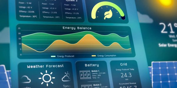Digital dashboard displaying energy production, consumption, weather, and battery status.