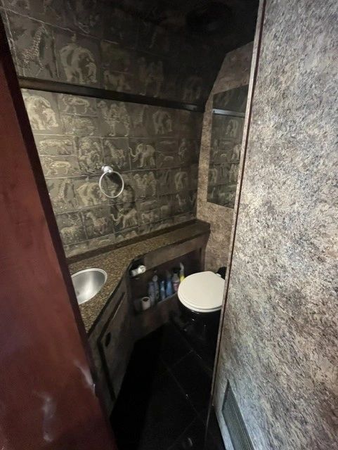 Compact bathroom with animal-themed wallpaper and essential toiletries.