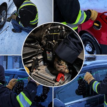 Collage of a person unlocking a car in snowy conditions with tools.