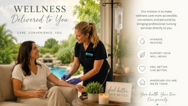 A nurse provides wellness care to a woman at home, emphasizing convenience and personal service.