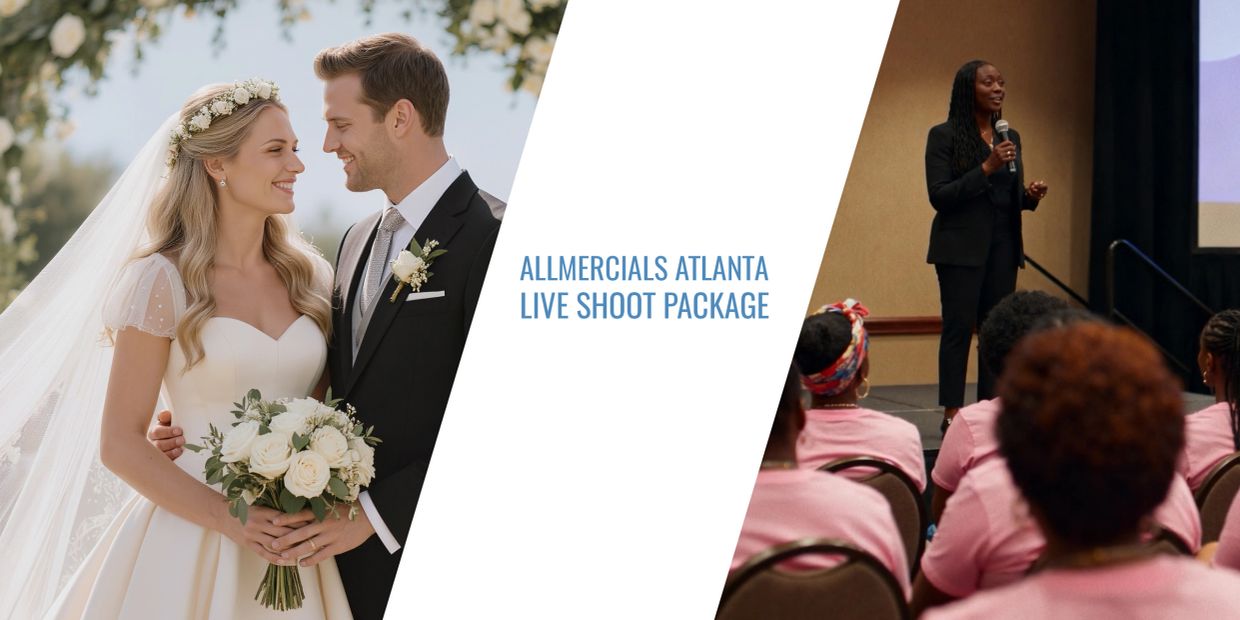 Wedding couple and speaker at event with Allmercials Atlanta Live Shoot Package text.