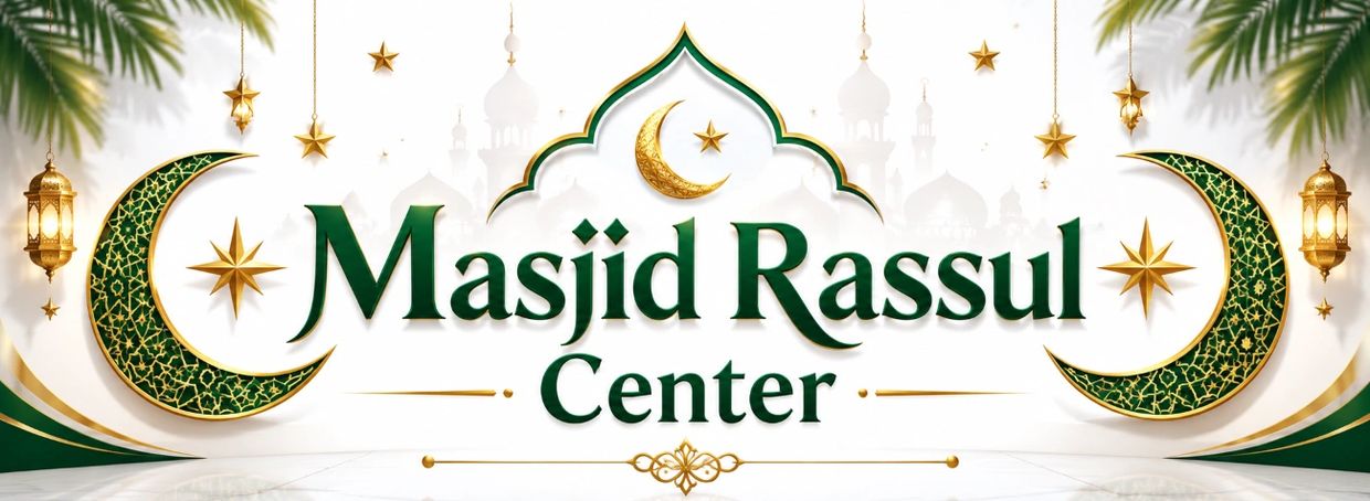 Elegant Masjid Rassul Center logo with crescent moons and stars.