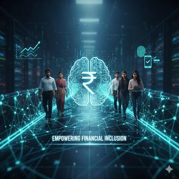 People walking towards a digital brain with Indian Rupee symbol, symbolizing financial inclusion.