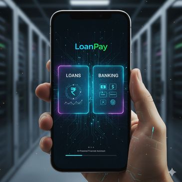 Hand holding a smartphone displaying LoanPay app for loans and banking.