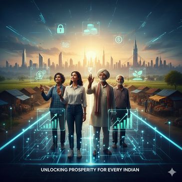 Four Indians embracing digital prosperity with futuristic financial icons and cityscape.