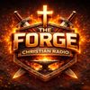 the forge christian radio logo that includes fire and ash with a shield, swords and a cross