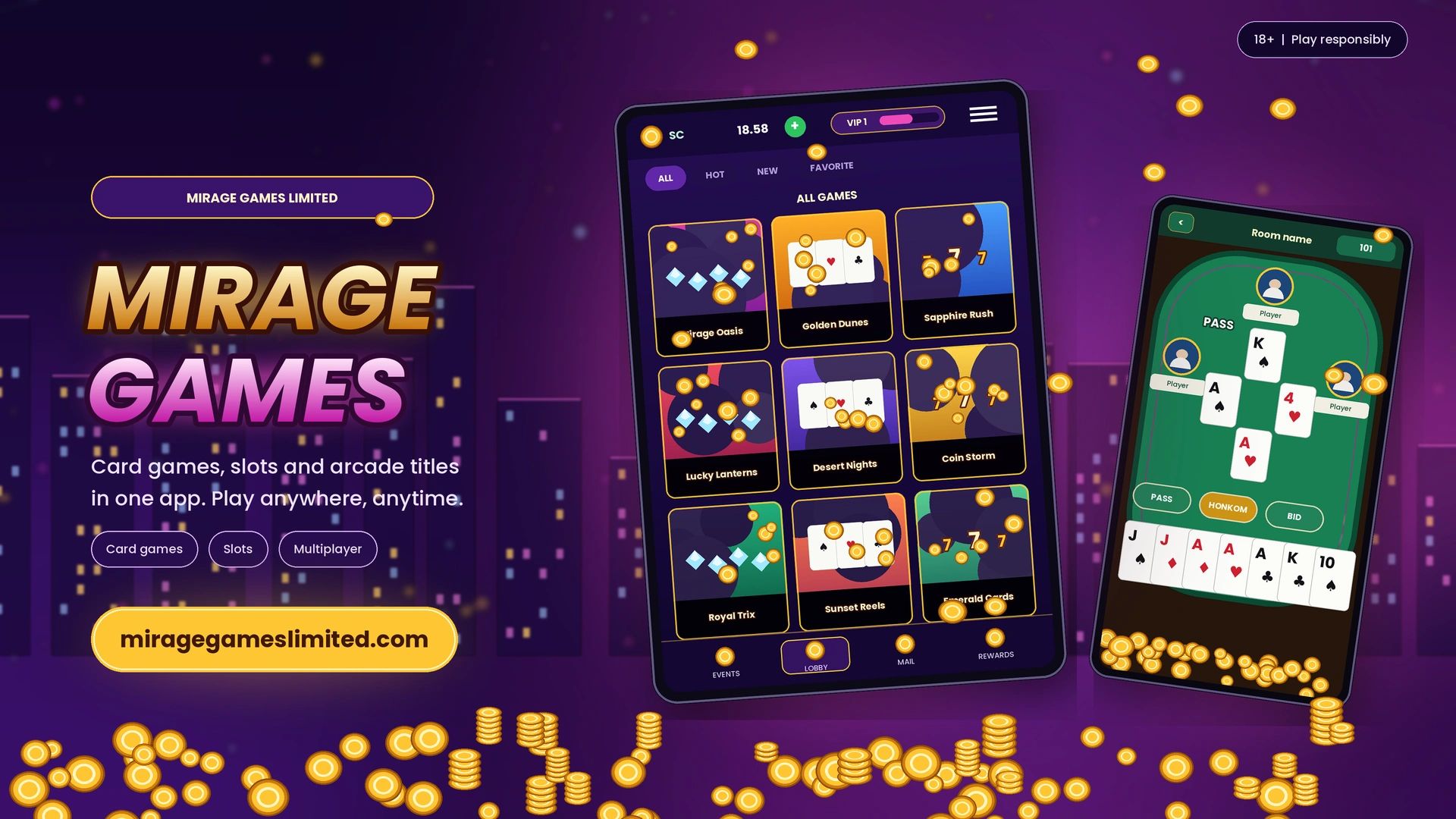 Mirage Games app offers card games, slots, and arcade titles to play anytime.