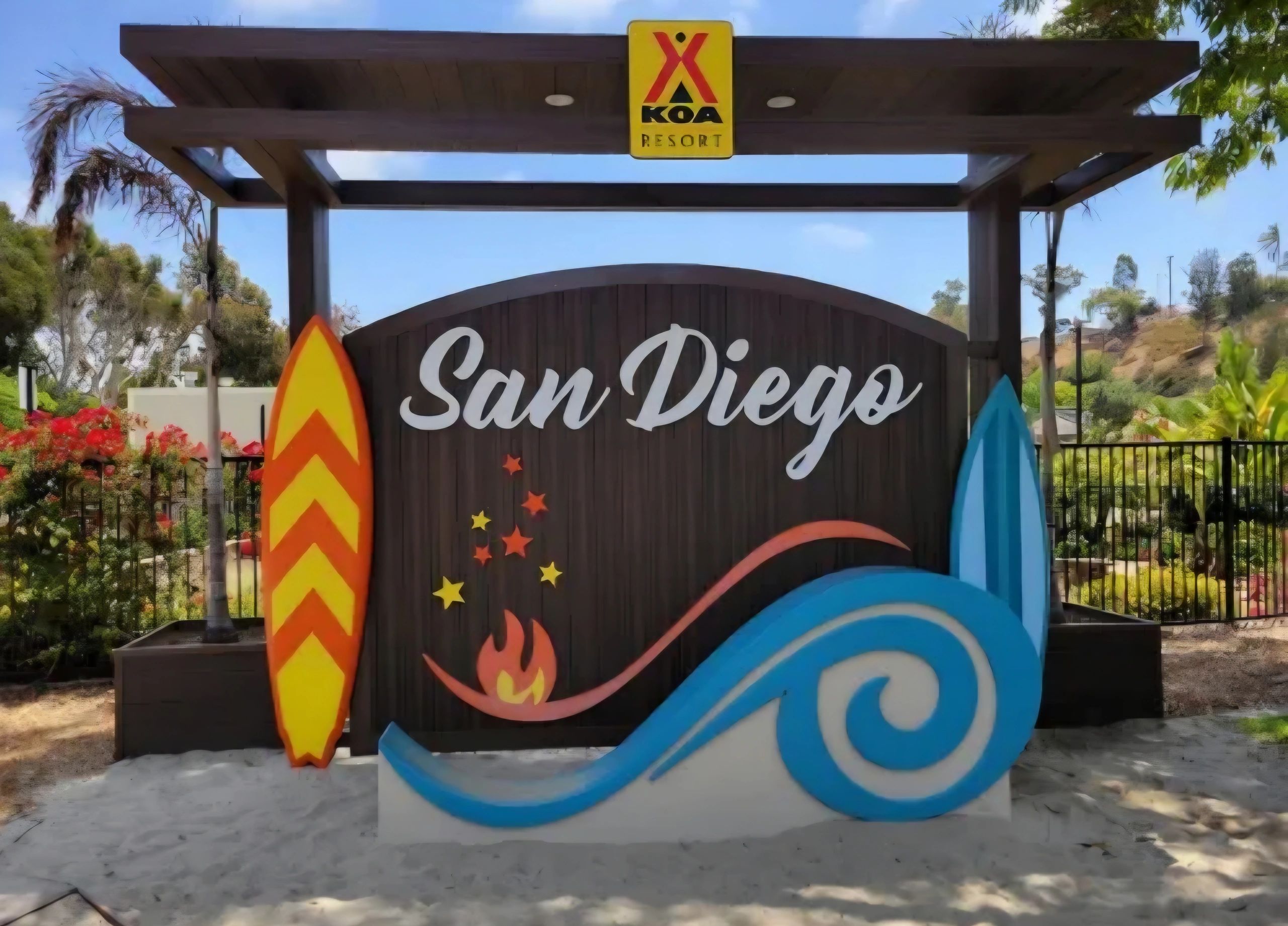 Welcome sign for KOA Resort in San Diego with surfboards and waves design.