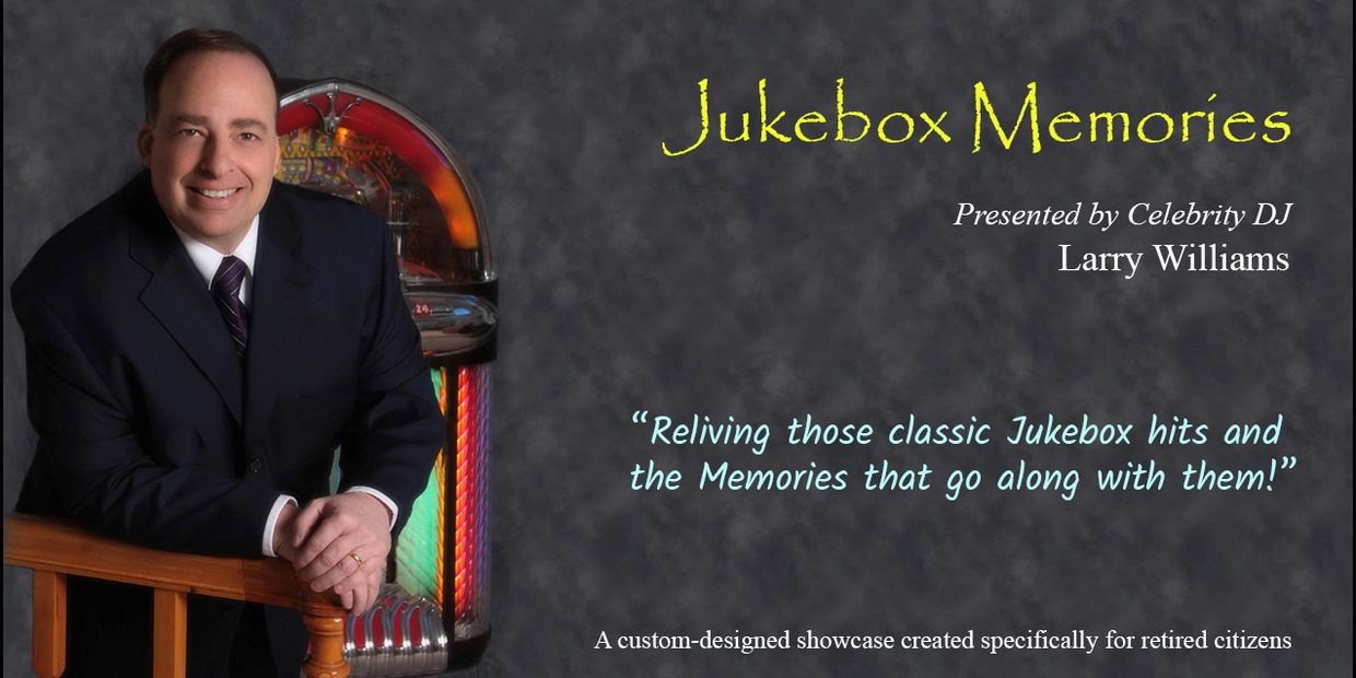 Man in suit with jukebox and event details.