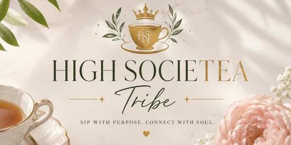 Elegant High SocieTEA Tribe logo with tea cup and floral accents.