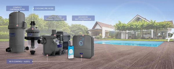 Pool equipment setup with labels: cartridge filter, pre-filter, pump, and chlorinator.