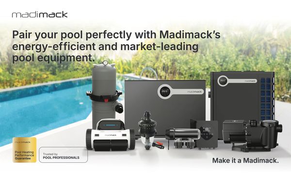 Madimack energy-efficient pool equipment displayed by a pool.