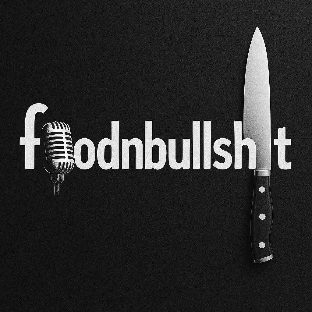 A creative logo blending a microphone and a knife with the text 'foodnbullsh t'.