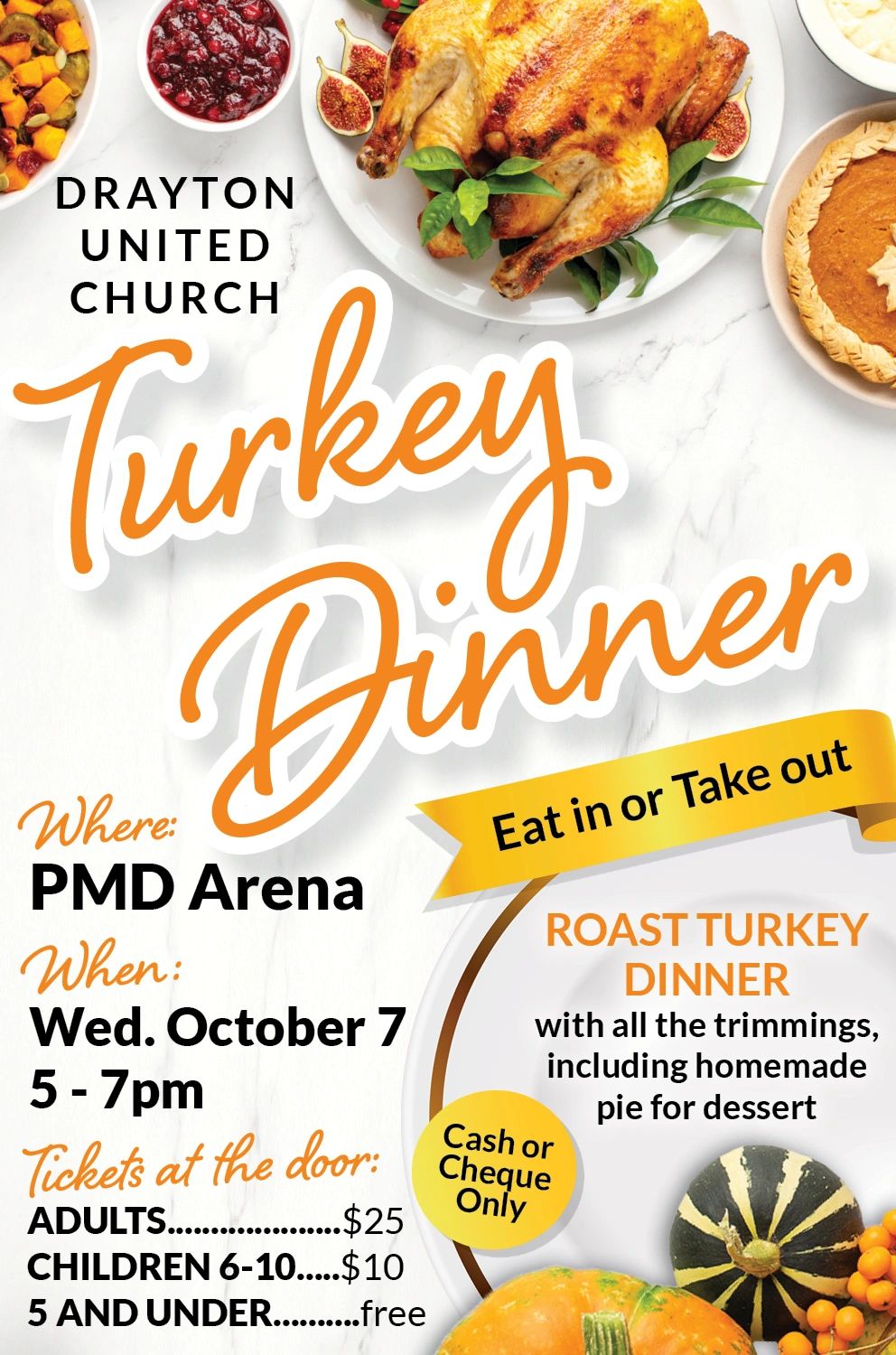Flyer for Drayton United Church Turkey Dinner event at PMD Arena.