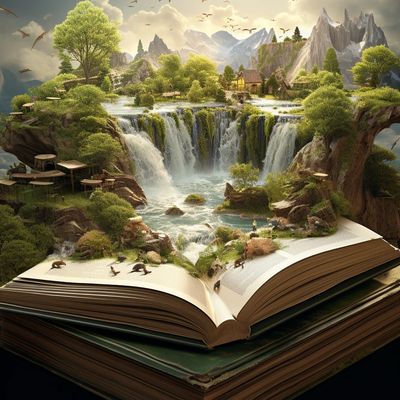 A fantastical landscape emerges from an open book.