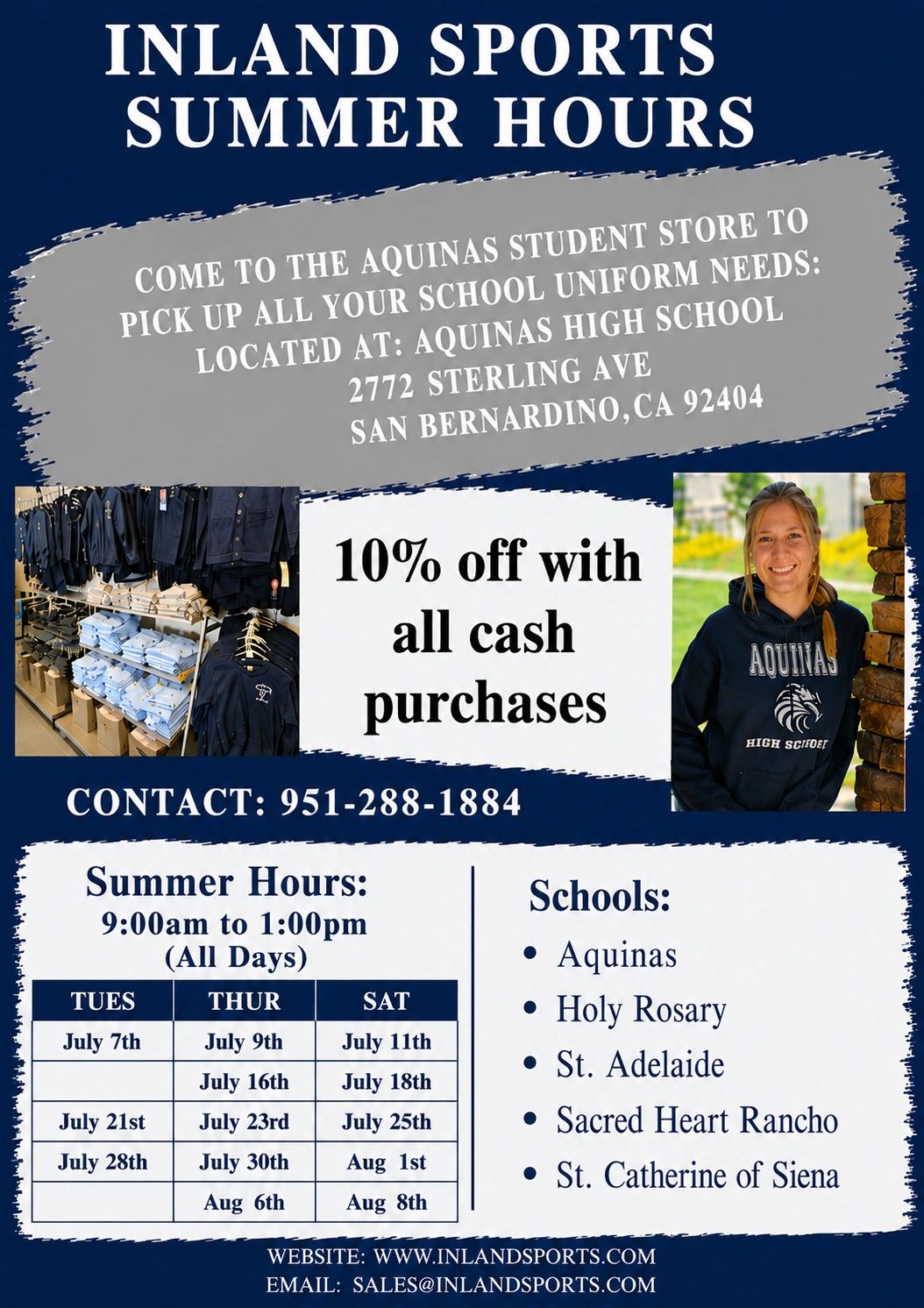 Inland Sports summer hours and discount details for Aquinas student store uniforms.