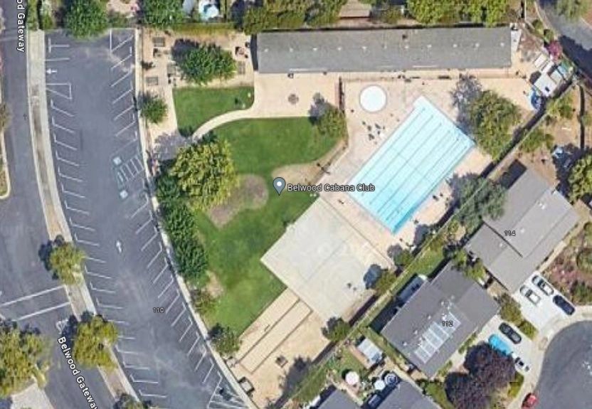 Aerial view of Belwood Cabana Club featuring a pool and green lawn.